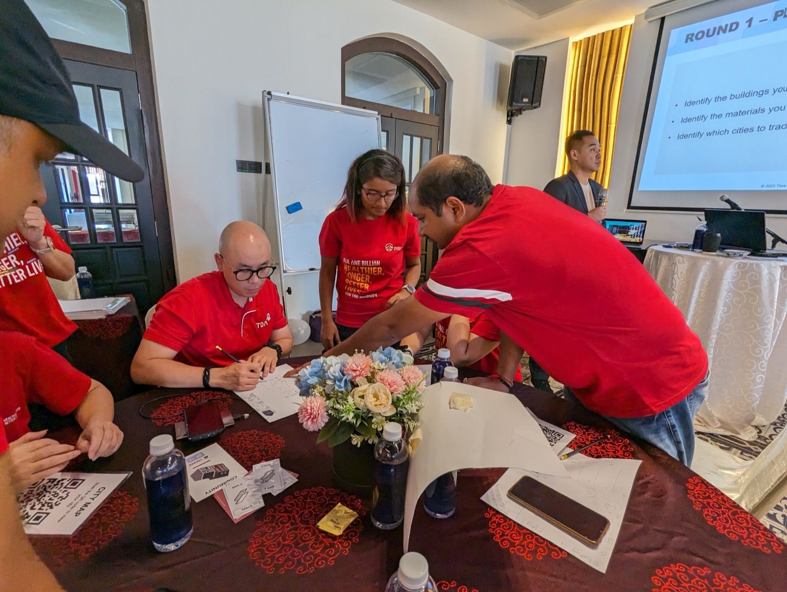 Participants discussing a table activity during a classroom session